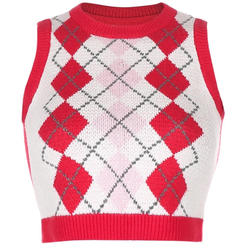 

Women Red Argyle Plaid Knitted Vest Preppy Style O-Neck Sleeveless Slim Sweater Y1QD