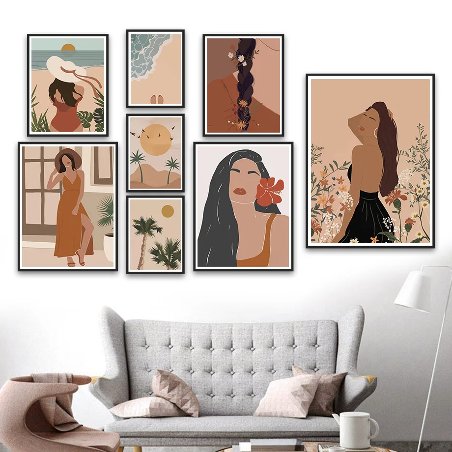 

Beach Woman Bikini Palm Sun Boho Abstract Nordic Posters And Prints Wall Art Canvas Painting Wall Pictures For Living Room Decor