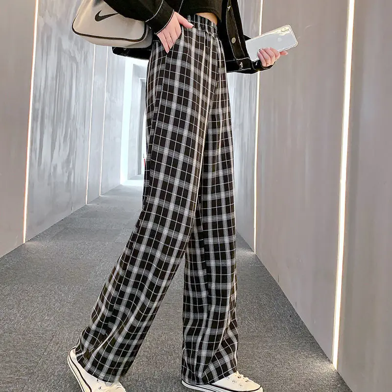 

New black and white plaid pants spring and summer female students Korean loose high waist straight tube slim casual floor