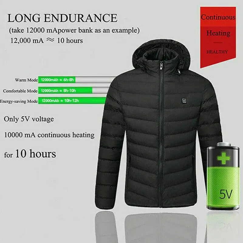 

Mens USB Electric Heated Outwear Jackets Winter Thermal Zip Puffer Coats
