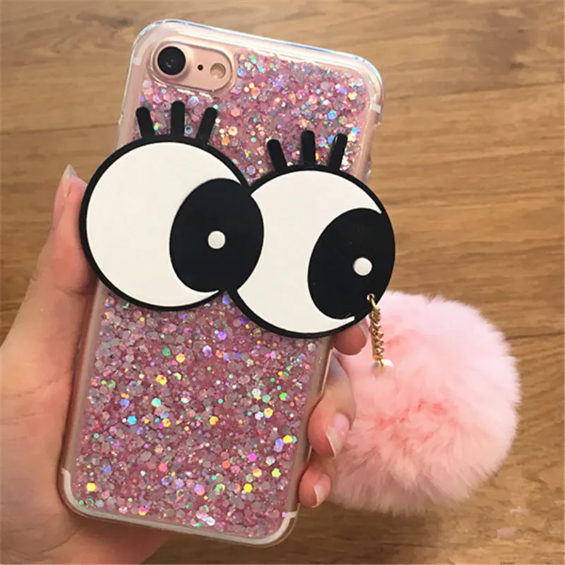 Для iPhone 6 6S 7 8 Plus X XR XS Max 11 Pro Bling Big Eyes миленький плюшевый кролик помпон меховой шар