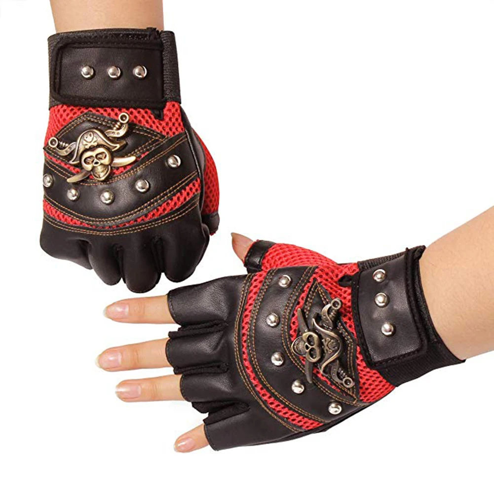 

Skull Gloves Leather Skeleton Motorcycle Cross Racing Gloves Half Fingers Pirate Skull Rivet Punk Bicycle Cycling Gloves