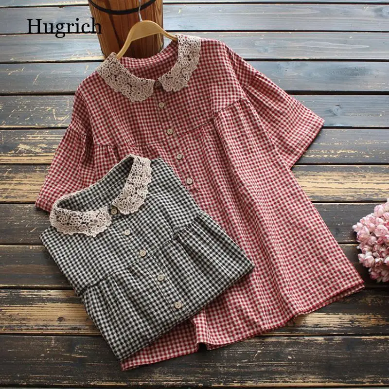 

2021 summer women's top shirt fashion retro lace plaid loose short-sleeved cotton and linen blouse plus size top women's clothin