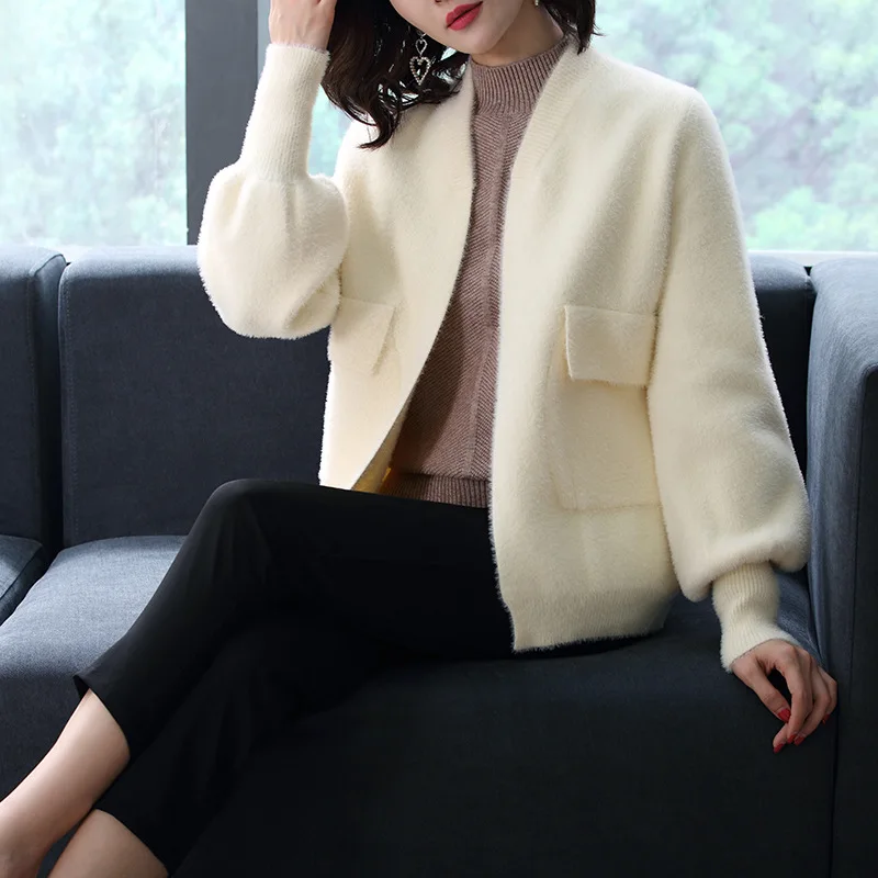 

Imitation Mink Velvet Women Coats Autumn And Winter Jacket Loose Short Sweater Coat Lantern Long Sleeve Knit Cardigan Female