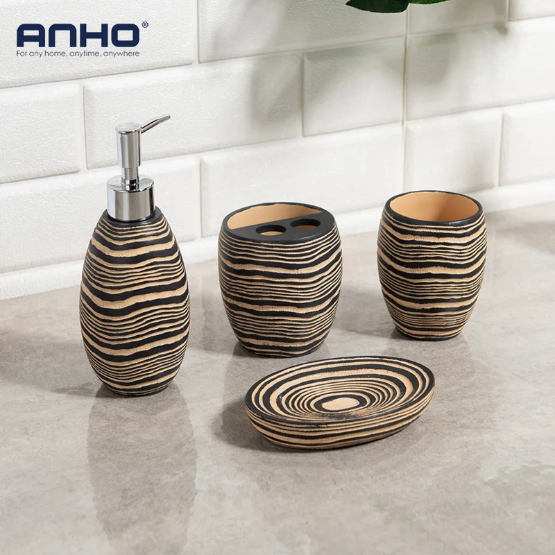 

Wood Grain Resin Bathroom Accessories Set Marble Pattern Soap Dish Mouthwash Cup Toothbrush Cup Soap Dispenser Lotion Bottle