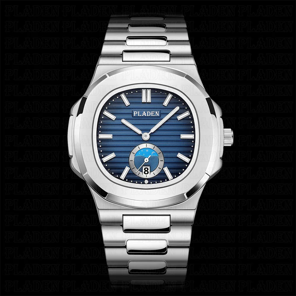 

PLADEN Business Men Watches Top Brand Silver Stainless Steel Quartz Timepiece Moon Phase Decorate Automatic Date Clcok Gift 2021