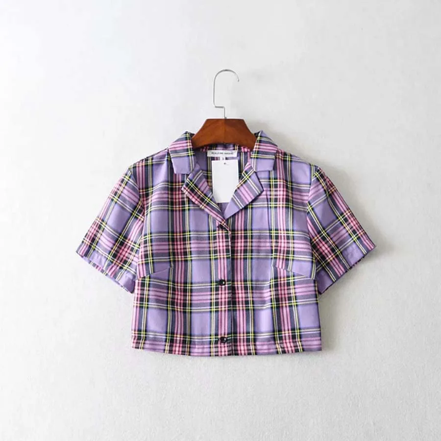 

DIOROBBEN Summer blouse women vintage crop shirt streetwear plaid ladies tops elegant button up shirt korean style women top