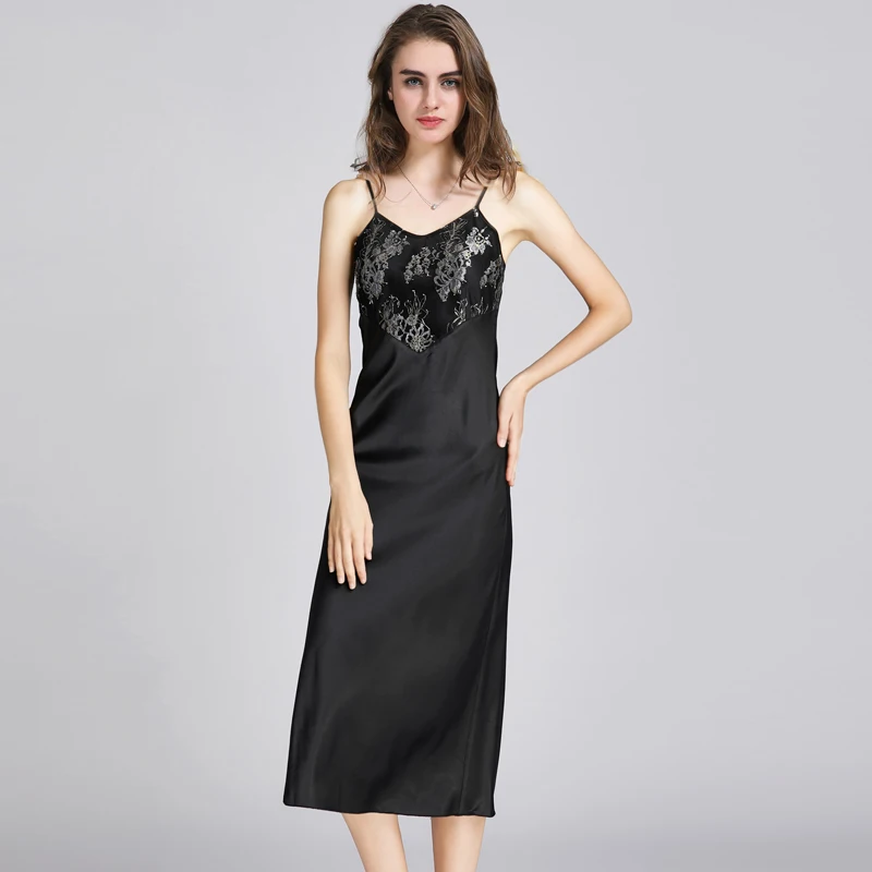 Sexy Lingerie Summer Sleepwear Women's Lace V-Neck Shirt Strap Vintage Satin Slip Black Dress Robe Sets Nightgown Nightdress