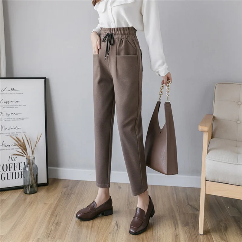 

Women High Waist Pants Casual Autumn Winter Woolen Ankle Length Elastic Waist Trousers 2020 Fashion Plus Size Harem Pants Black