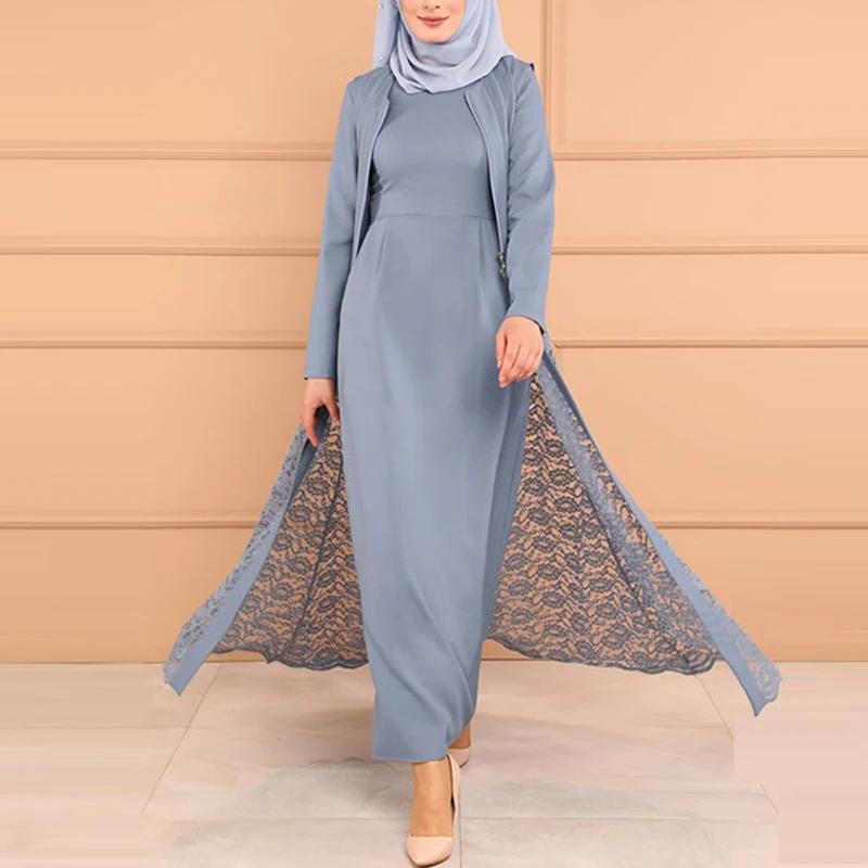

MISSJOY 2019 Muslim Abaya Women Dress Two Piece Set Elegant Lace Party Kaftan Turkish Ladies Dubai Islamic Clothing Casual