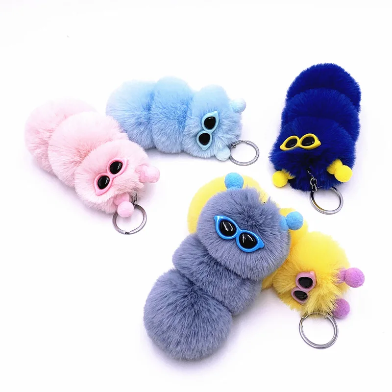 

New Hot Korea Kawaii Glasses Caterpillar Keychain Candy Color Pompom Plush Doll Toy Key Accessories Charm Bag Wome Gifts Keyring