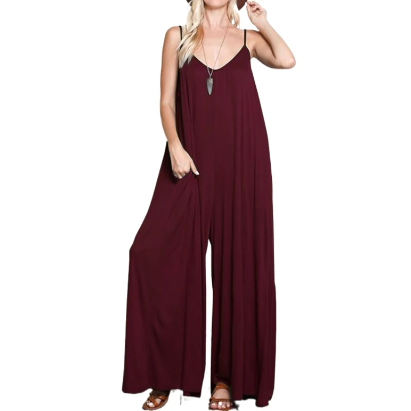 

Fall 2021 Summer New Fashion Sexy V-neck Sling Halter Loose Linen Women's Jumpsuit Wide Leg Pants
