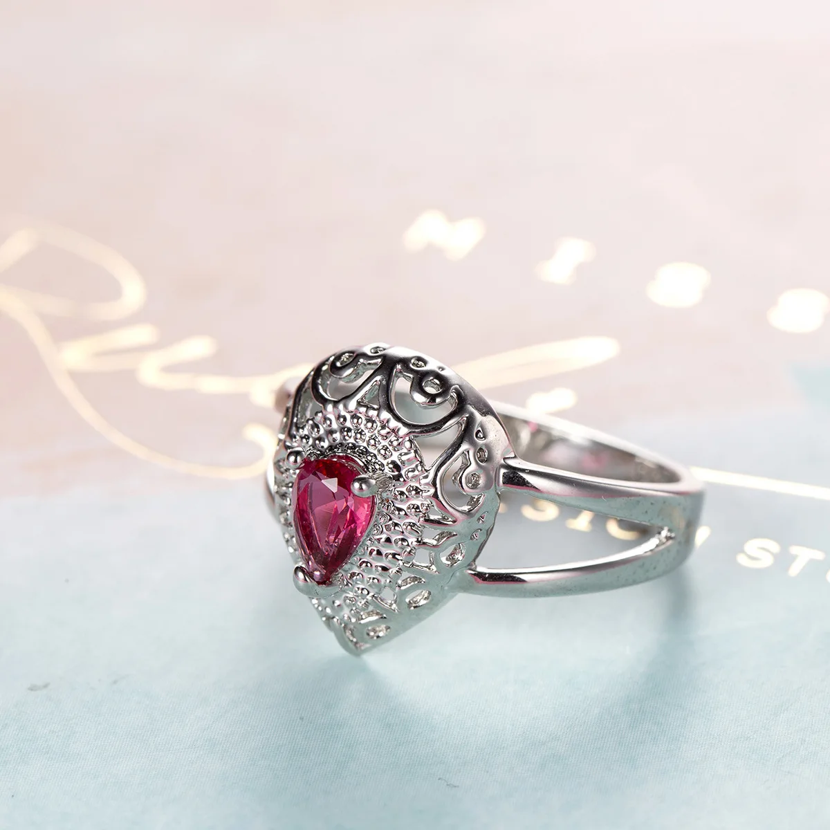 Rose Red/Royal Blue Colors Cubic Zirconia Ring Hollow Pear Shape Art Deco Engagement Wedding Rings Promise for Women Gifts | Украшения и