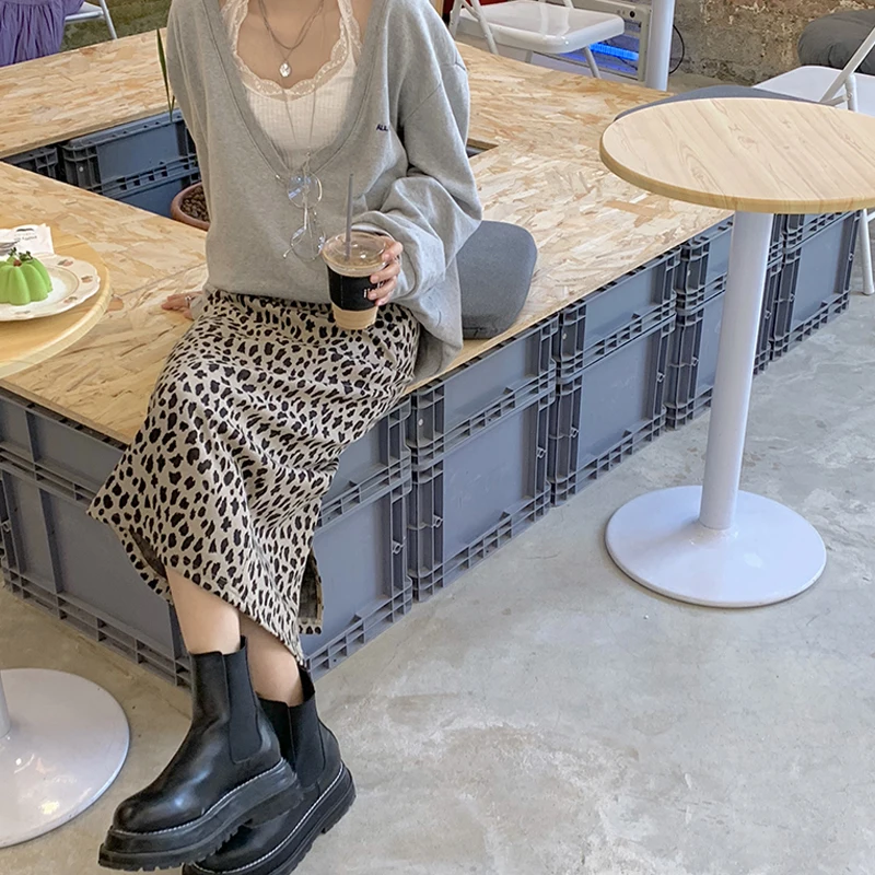 

Long Leopard Skirt Women High Waist Design Back Split Package Hip Skirts Jupe