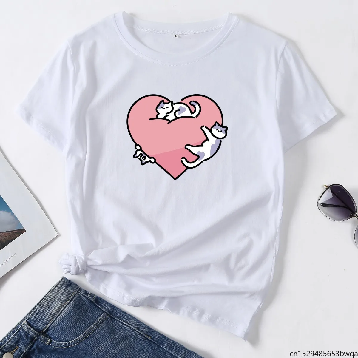 

Cartoon Funny Heart Cat Graphic T Shirt for Women Short Sleeve Print Summer Crewneck Tops Female Clothes