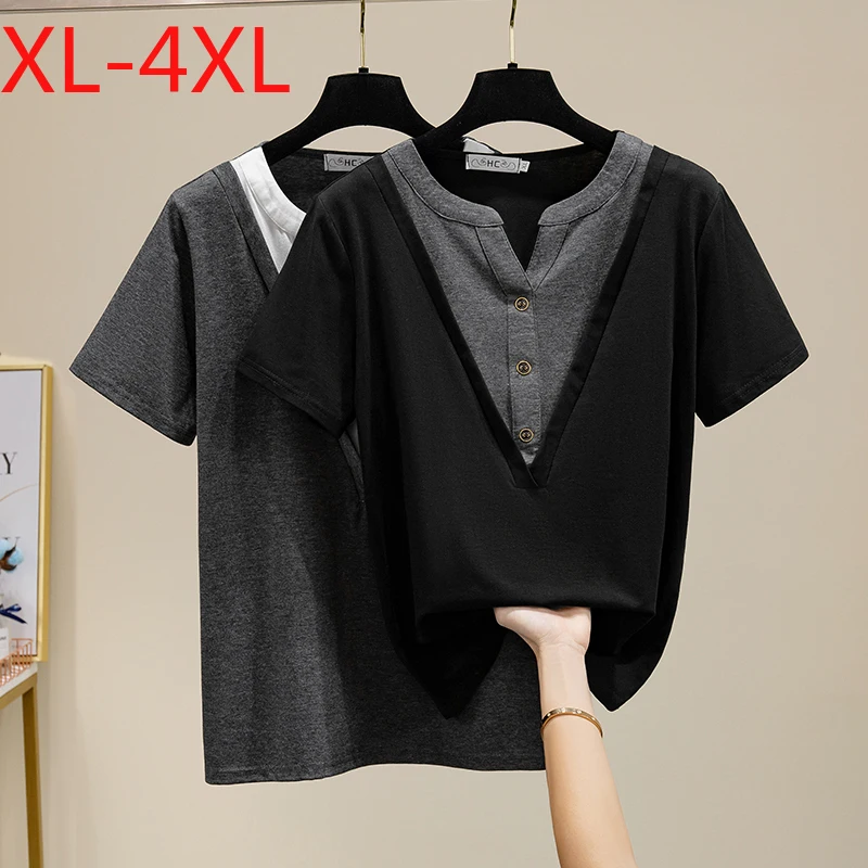 

4XL подходит Вес 100 кг размера плюс футболка Летняя женская футболка с короткими рукавами с v-образным вырезом Кнопки Отделка: пэтчворк; Хлопо...