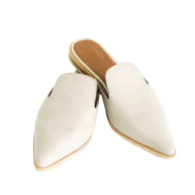 Beige Laamei/женские кожаные шлепанцы на низком каблуке; модная обувь без задника с острым носком; сандалии в стиле пэчворк; zapatos mujer; - Цвет: Beige
