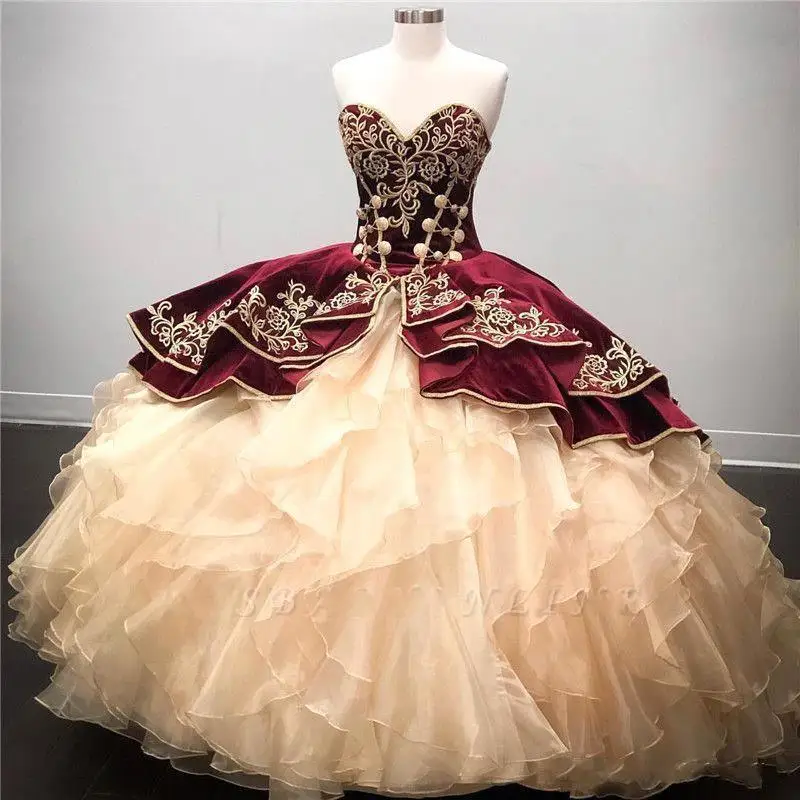 

Stunning Embroidery Burgundy Ball Gown Quinceanera Dresses 2020 Sweetheart Lace-up Back Puffy vestidos de 15 años Party Gowns