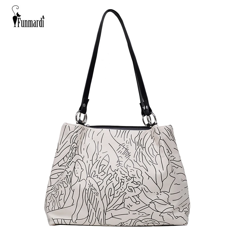 

FUNMARDI Brand Printed Tote Bag Aesthetic Street Large Shoulder Bag Top Handle Women Handbag Luxury Design Shopper Bag WLHB2478