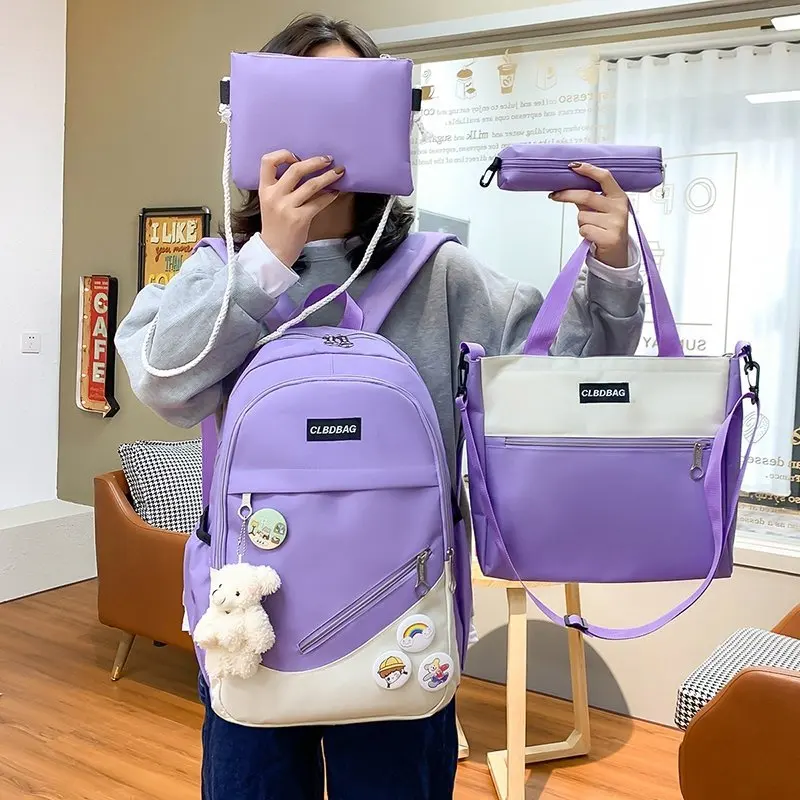 

4 pcs sets Casual Backpacks canvas Schoolbags For Teenager Girls Women Backpack Contrast Color Kawaii Student Kids Shoulder Bags
