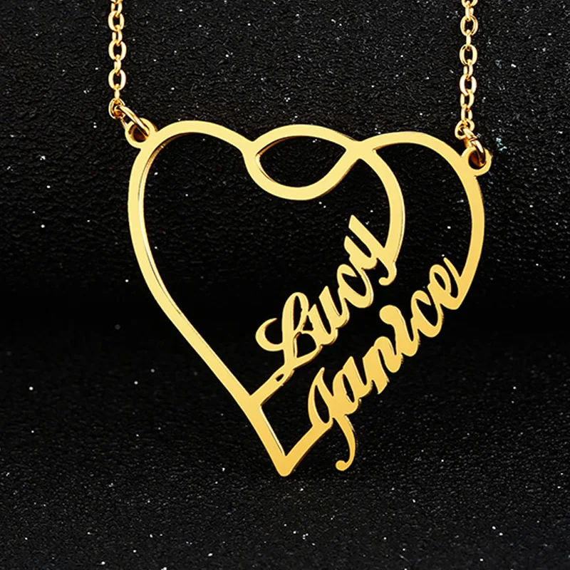 Женское Ожерелье с двойным именем и сердечком Золотое серебряное покрытие