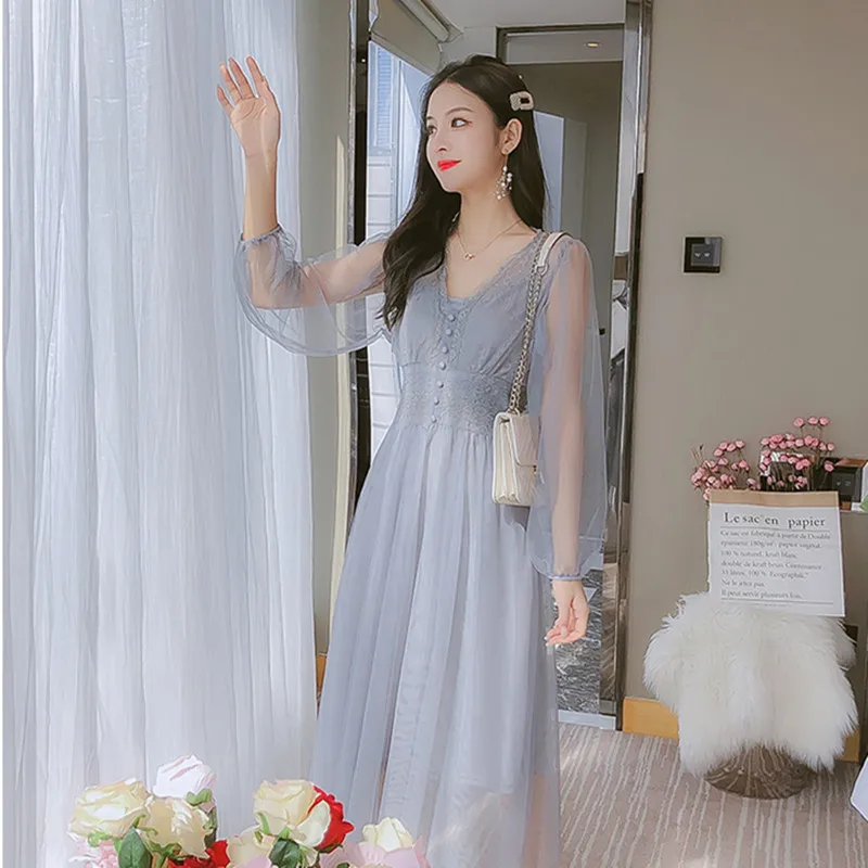 Платье женское элегантное шифоновое платье с длинным рукавом летнее