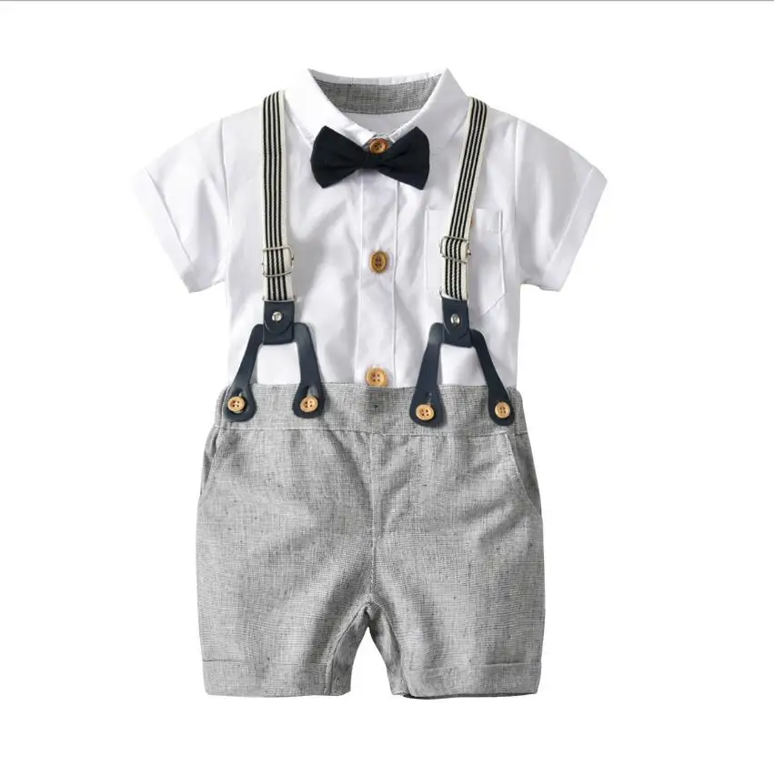 Newborn Baby Boy Clothes Set White Romper Strap Pants and Bow Tie 0-24 Monthes Quality Gentlemen Three Piece Suit |