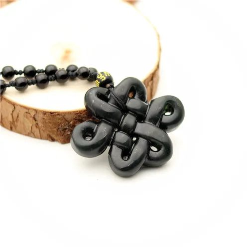 Natural Black Green Jade Chinese Knot Pendant Beads Necklace Charm Jewelry Double-sided Hollow Carved Amulet Gifts for Her Men | Украшения