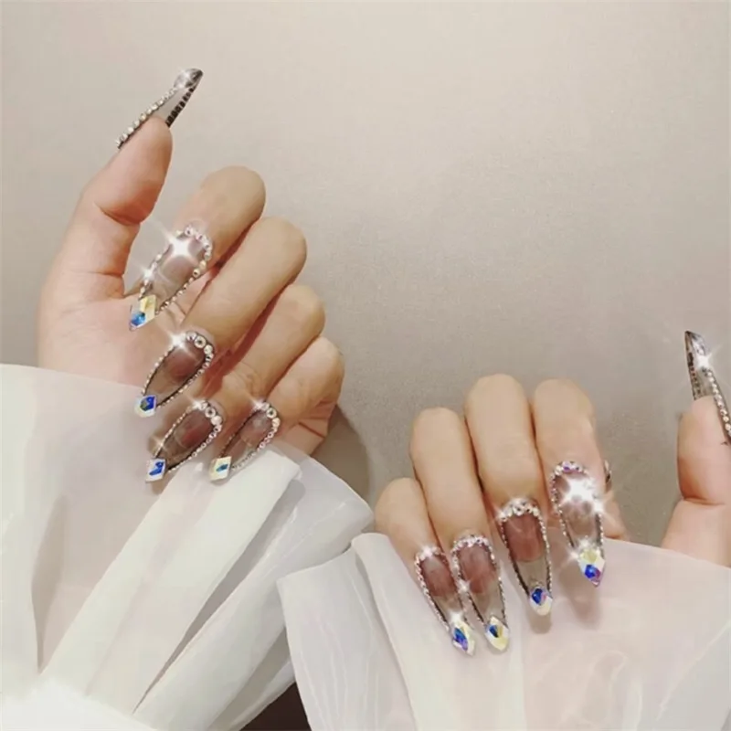 

Sumptuous pure color with colorful rhomb diamond 3d decorated fake nails with glue lady full nail tips Bride false nails art