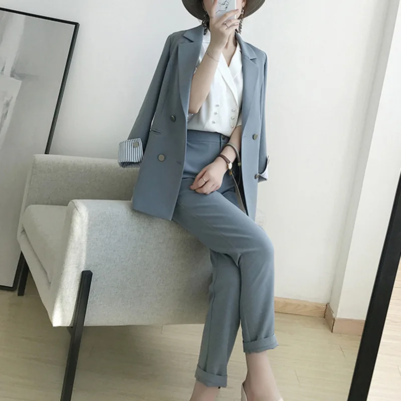 

Women's suits 2019 autumn new women's temperament double-breasted pink large size suit jacket casual feet pants set two-piece