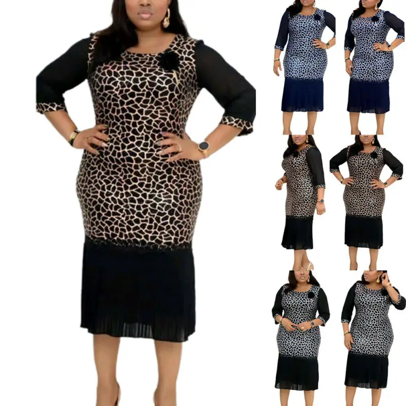 

VICABO Woman Dress 2021 Plus Size Women African Style 3/4 Sleeve Dresses Lace Patchwork Pleated Leopard Midi Mermaid Dress