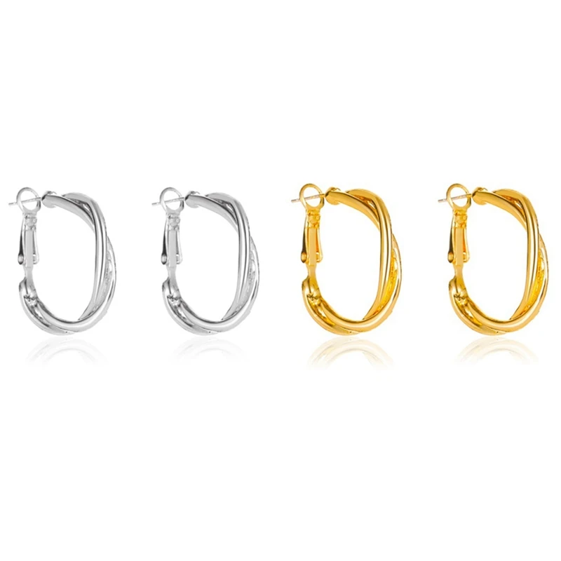 

2 Pair Arrival Trendy Simple Metal Geometric Twist Hoop Earrings for Women Fashion Metal Party,Silver Color & Gold