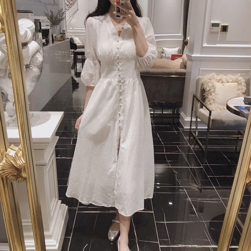 

Spring and Summer New Women's French Retro Puff Sleeve Dress Over The Knee High Waist V-neck Split Sexy Dress Women