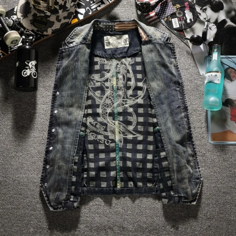 

Мужской повседневный джинсовый жилет, облегающая однобортная джинсовая куртка без рукавов, клетчатый ковбойский жилет с вышивкой, верхняя ...