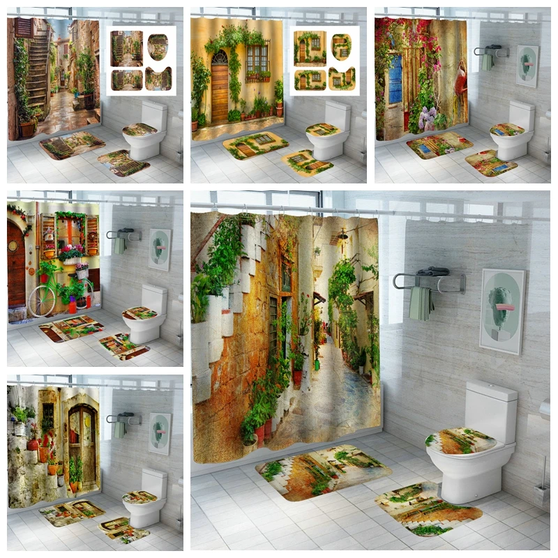 

Занавески для душа с сельским пасторальным пейзажем красных цветов, водонепроницаемые тканевые шторы для ванной с 3D принтом зеленой травы ...