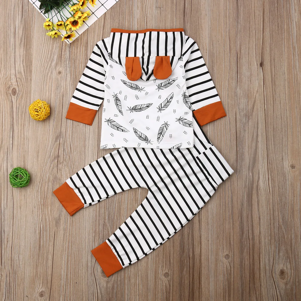 Ropa para beb&eacute; reci&eacute;n nacido, peleles de plumas, Tops, pantalones a rayas, conjunto de ropa, trajes, ropa infantil-3