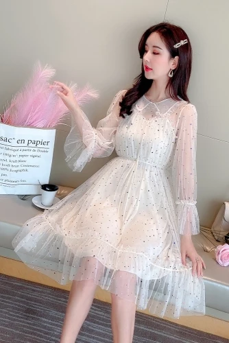

Spring Autumn Sequined Shiny Star Elegant Chiffon Peter Pan Collar Women Lady Female Midi Mid-Calf Dress