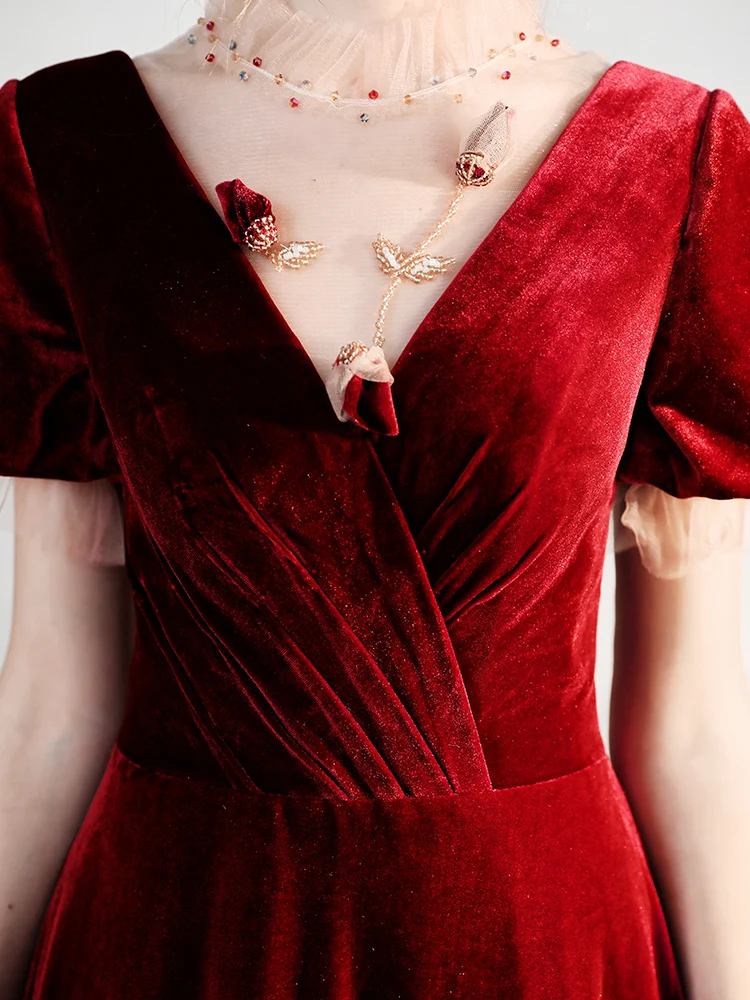 SSYFashion зима новый банкет Элегантный бордовый вечернее платье дворца Винтаж