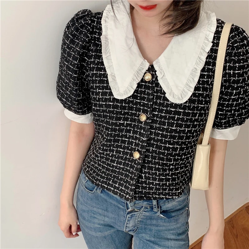Элегантная клетчатая блузка для женщин короткий рукав укороченный топ