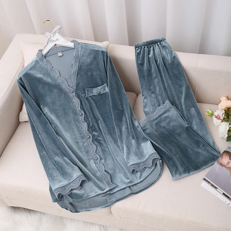 

Women Velour Lace 2PCS Pajamas Suit Autumn Long Sleeve Nightwear Sleep Set Intimate Lingerie Casual Home Clothing V-Neck Pyjamas