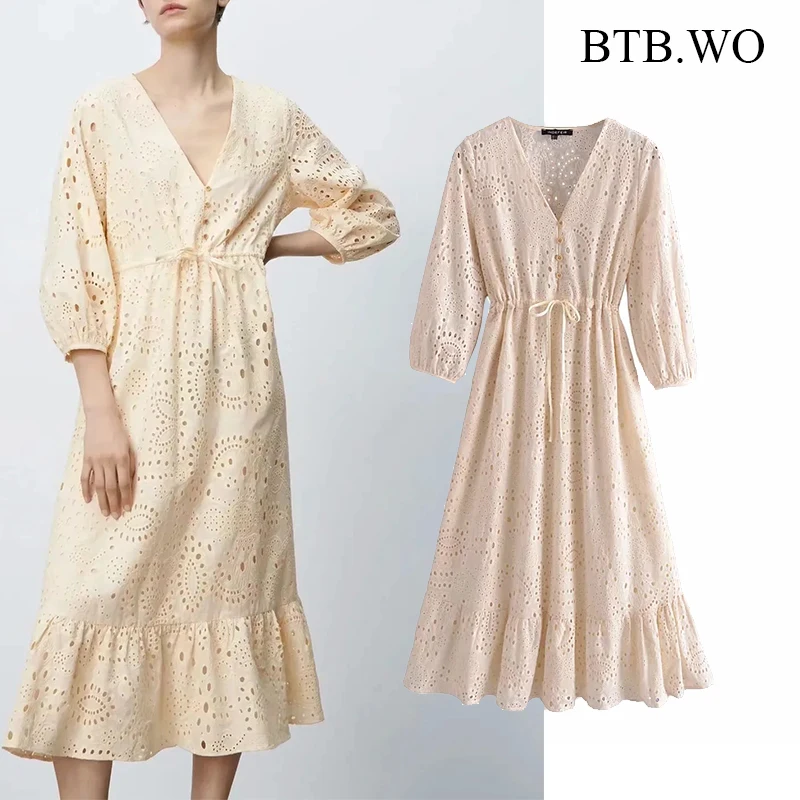 

BTB.WO Za 2021 Women Vintage V Neck Summer Dress Fashion Hollow Embroidery Midi Dress Chic Female Pleats Casual Vestido