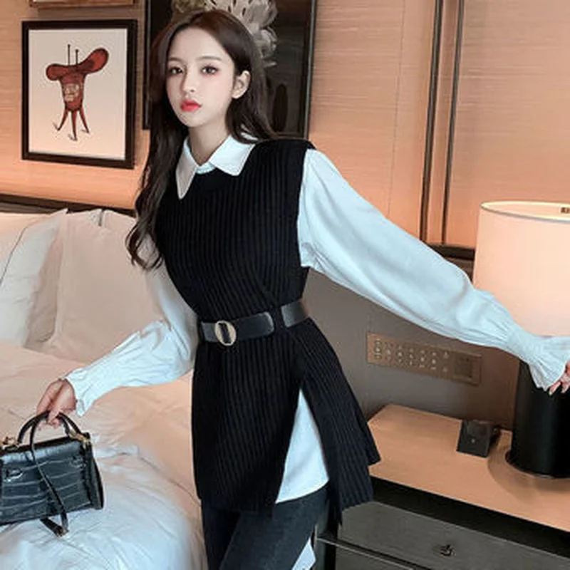 

2021 Spring Autumn Women's Lantern Sleeve Shirt Knitted Vest Two Piece Sets of College Style Waistband Vest Two Sets Top