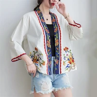 chinese style vintage kimono cardigan women cotton linen shirt tops india folk retro floral embroidery blusa feminina 2021