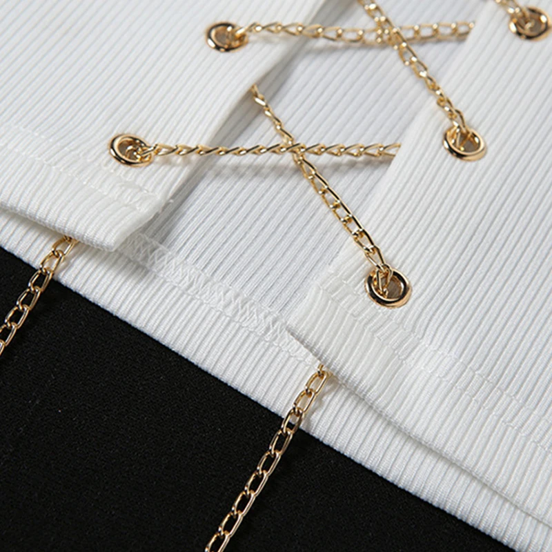 

Summer Tops For Women 2021knitt Hollow Chain Straps Umbilical Vest Short Skirt Sexy Casual Birthday Party And Club Two Piece Set