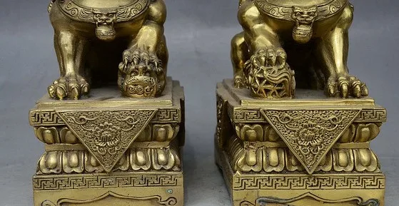 319 10" Fengshui China Folk Brass Foo Fu Dog Guardion Lion Animal Beast Statue Pair | Дом и сад