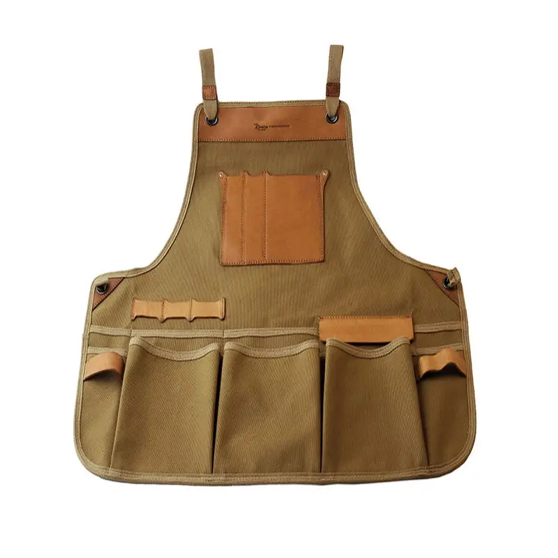 

RETRO CANVAS APRON GENUINE LEATHER COWHIDE HARDWARE CRAFTSMAN APRONS WORK SHOP MULTI TOOLING POCKETS COOKING GARDENER MEN UNISEX