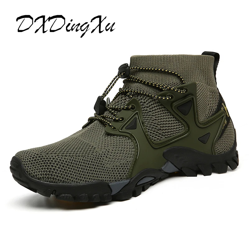

2021 New Men Outdoor Shoes High Top Sneakers Hiking Boots Casual Lace-up No-slip Breathable Mesh Work Walking Big Size 36-47