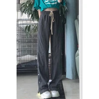 casual pants womens new autumn high waist straight tube loose wide leg pants side button pants