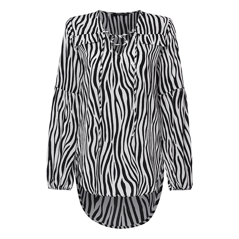 White Zebra S-5XL, Женские топы и блузки,, повседневные, на шнуровке, v-образный вырез, сексуальная туника, рубашки с длинным рукавом, с принтом зебры, для работы, Blusas Femininas - Цвет: White Zebra