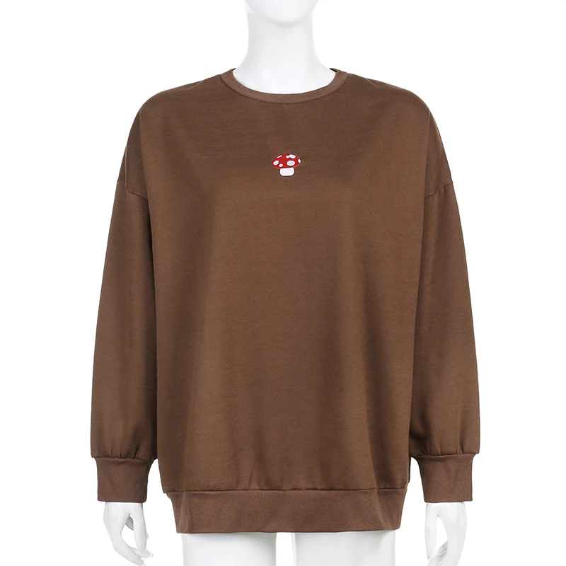 Women Streetwear Pullover Sweatshirts Fashion Embroidery Mushroom Y2K Aesthetic 90s Korean Long Sleeve O-Neck Brown Sweatshirt